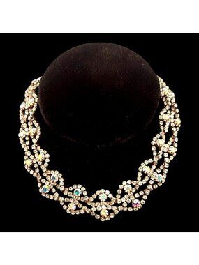Rhinestone AB Aurora Borealis Crystal Choker 16" Adjustable Necklace Retro Vtg